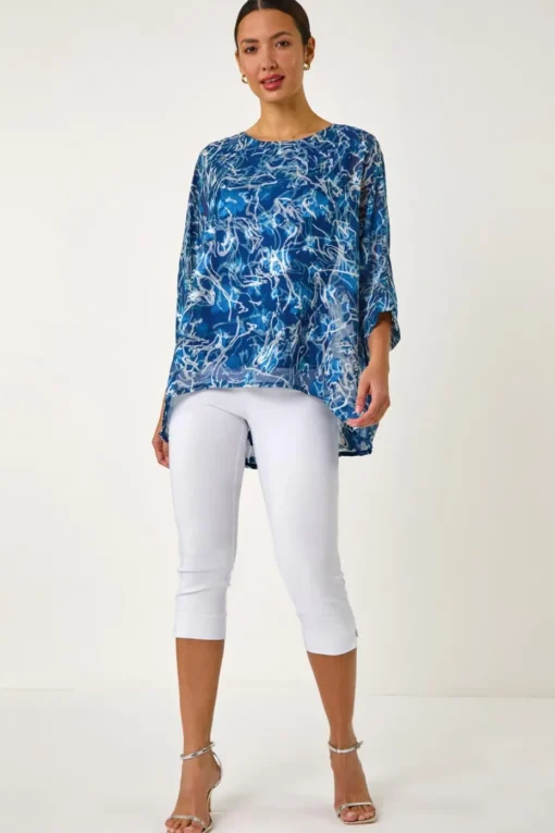 Roman Blue Abstract Print Overlay Tunic Top