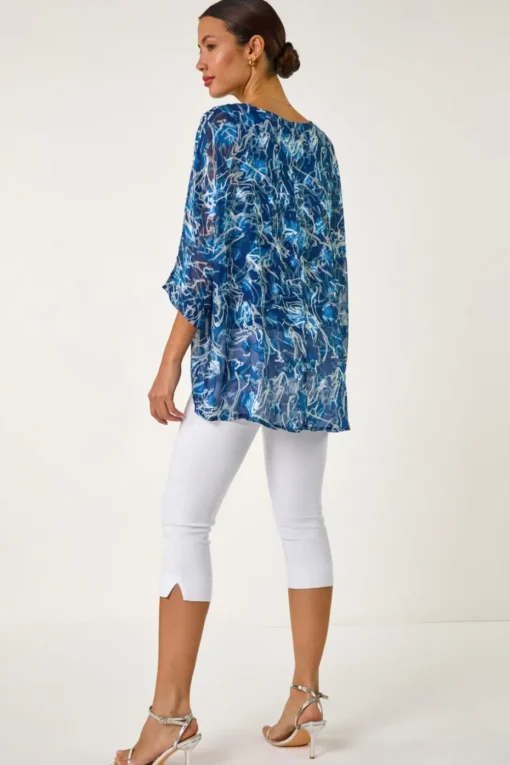 Roman Blue Abstract Print Overlay Tunic Top