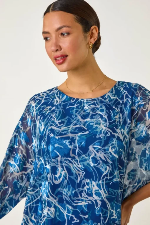 Roman Blue Abstract Print Overlay Tunic Top
