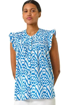 Roman Blue Abstract Print Pleated Sleeve Blouse