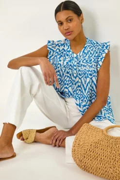 Roman Blue Abstract Print Pleated Sleeve Blouse