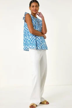 Roman Blue Abstract Print Pleated Sleeve Blouse