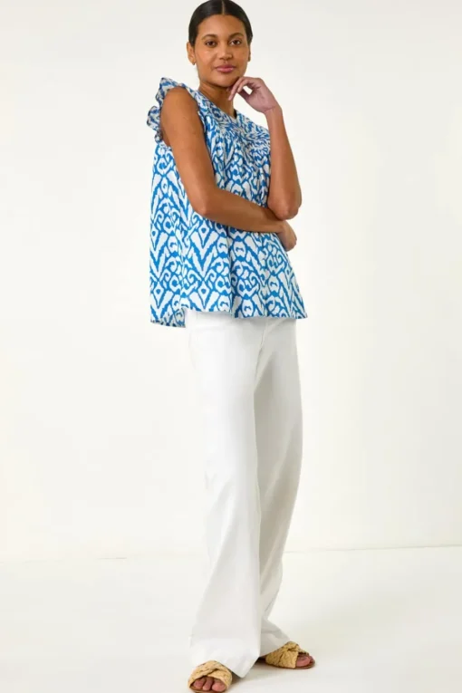 Roman Blue Abstract Print Pleated Sleeve Blouse