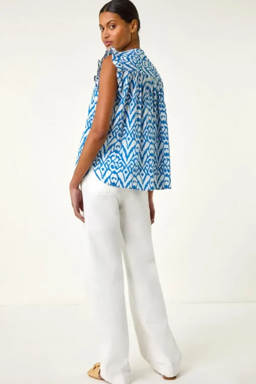 Roman Blue Abstract Print Pleated Sleeve Blouse