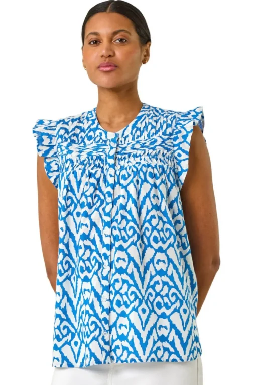 Roman Blue Abstract Print Pleated Sleeve Blouse