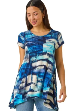 Roman Blue Abstract Print Stretch Tunic Top
