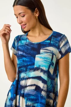 Roman Blue Abstract Print Stretch Tunic Top