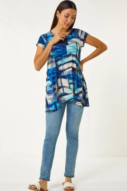Roman Blue Abstract Print Stretch Tunic Top