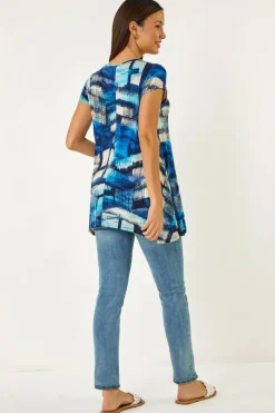 Roman Blue Abstract Print Stretch Tunic Top