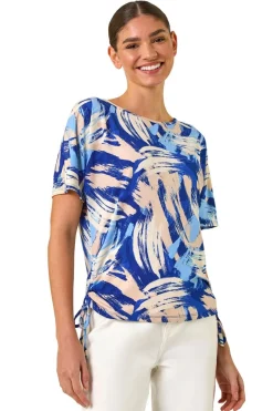 Roman Blue Abstract Print Side Tie Detail Top
