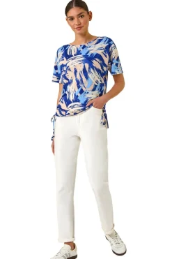 Roman Blue Abstract Print Side Tie Detail Top