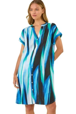 Roman Blue Abstract Printed Linen Shift Dress