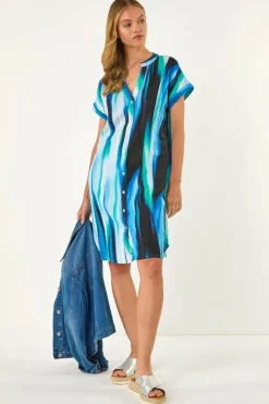 Roman Blue Abstract Printed Linen Shift Dress