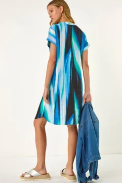 Roman Blue Abstract Printed Linen Shift Dress