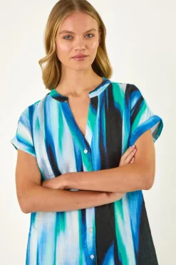 Roman Blue Abstract Printed Linen Shift Dress