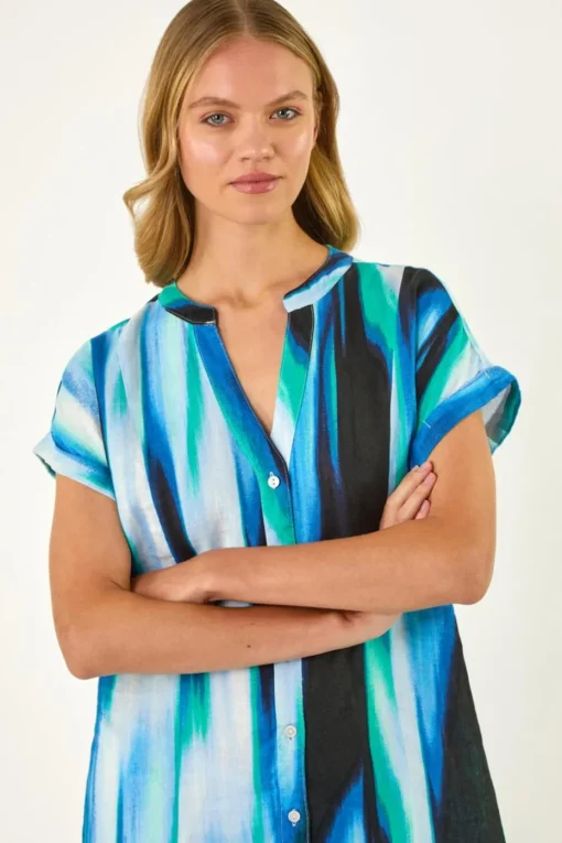 Roman Blue Abstract Printed Linen Shift Dress