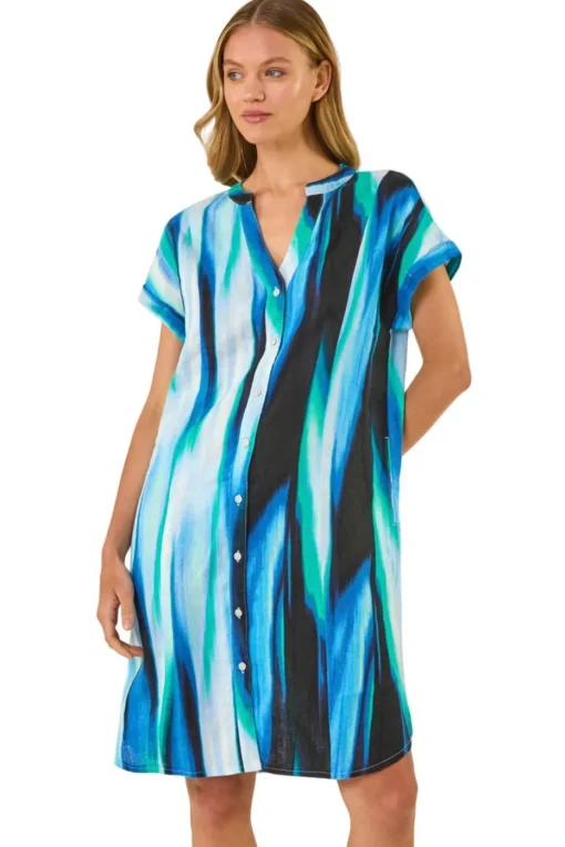 Roman Blue Abstract Printed Linen Shift Dress