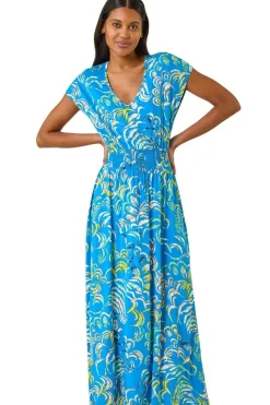 Roman Blue Abstract Ruched Maxi Dress