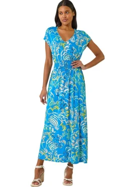 Roman Blue Abstract Ruched Maxi Dress