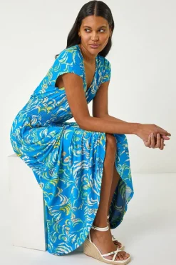 Roman Blue Abstract Ruched Maxi Dress