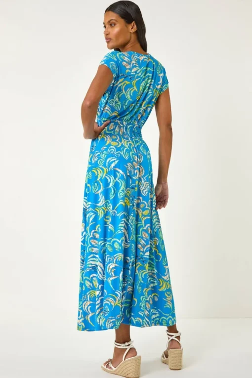 Roman Blue Abstract Ruched Maxi Dress