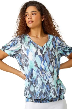 Roman Blue Animal Burnout Print Blouson Stretch Top
