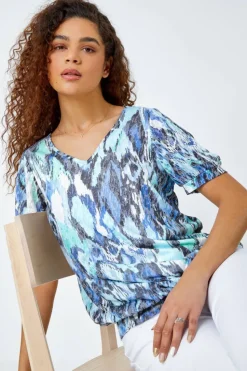 Roman Blue Animal Burnout Print Blouson Stretch Top