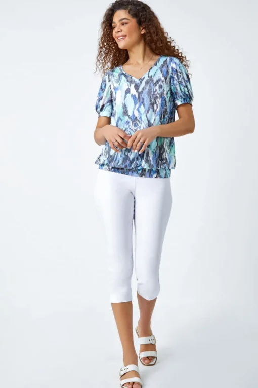 Roman Blue Animal Burnout Print Blouson Stretch Top