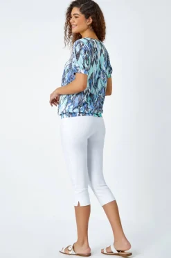 Roman Blue Animal Burnout Print Blouson Stretch Top