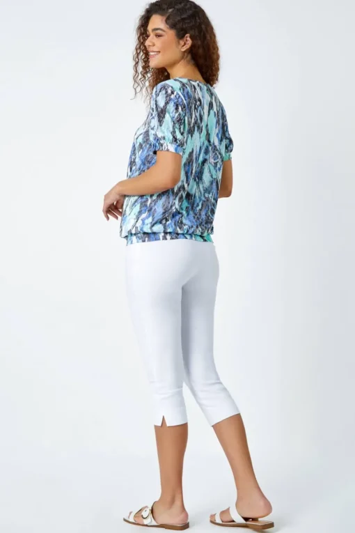 Roman Blue Animal Burnout Print Blouson Stretch Top
