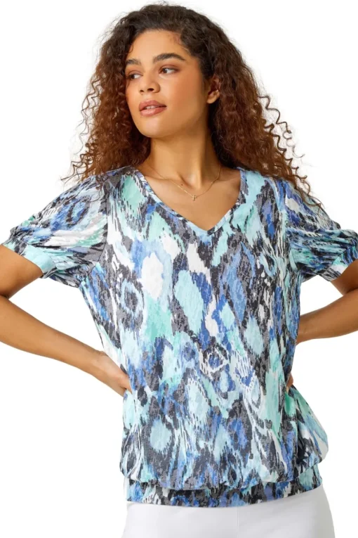 Roman Blue Animal Burnout Print Blouson Stretch Top