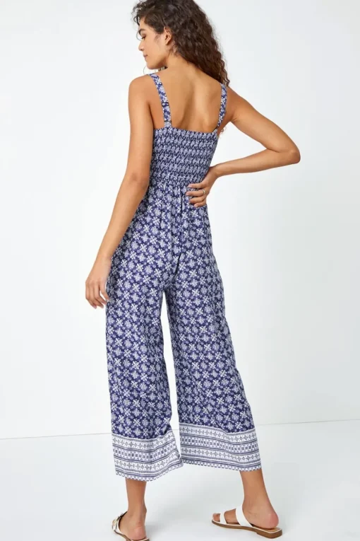 Roman Blue Border Print Culotte Jumpsuit