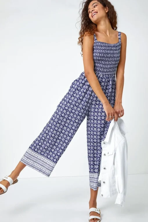 Roman Blue Border Print Culotte Jumpsuit