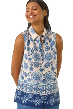 Roman Blue Border Print Collared Blouse