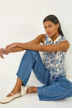 Roman Blue Border Print Collared Blouse