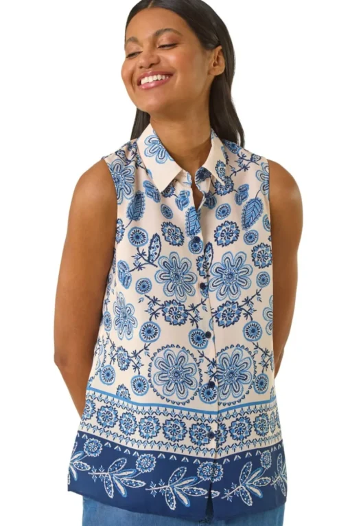 Roman Blue Border Print Collared Blouse