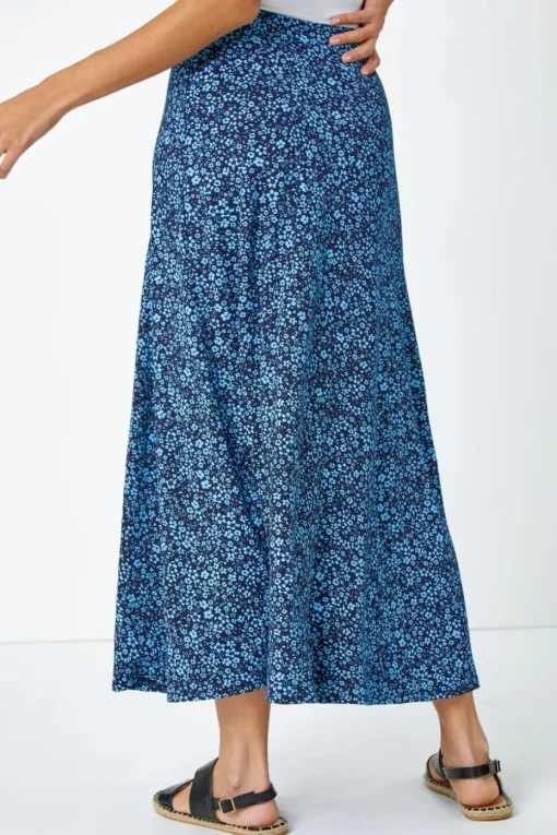 Roman Blue Ditsy Floral Elastic Waist A Line Midi Skirt