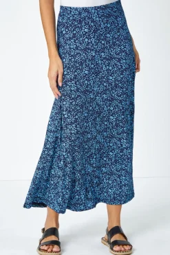 Roman Blue Ditsy Floral Elastic Waist A Line Midi Skirt
