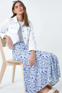 Roman Blue Elastic Waist Paisley A Line Midi Skirt