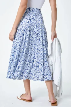 Roman Blue Elastic Waist Paisley A Line Midi Skirt