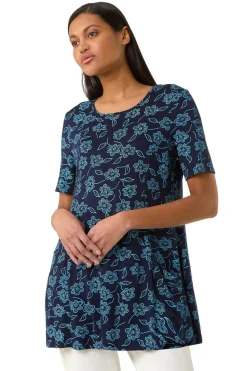Roman Blue Floral Hanky Hem Pocket Tunic Top