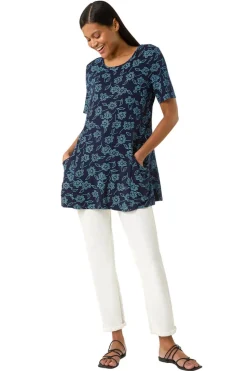 Roman Blue Floral Hanky Hem Pocket Tunic Top