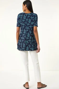Roman Blue Floral Hanky Hem Pocket Tunic Top