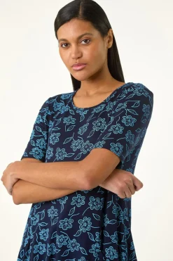 Roman Blue Floral Hanky Hem Pocket Tunic Top