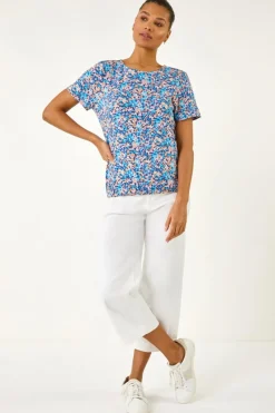 Roman Blue Floral Print Elasticated Hem Top