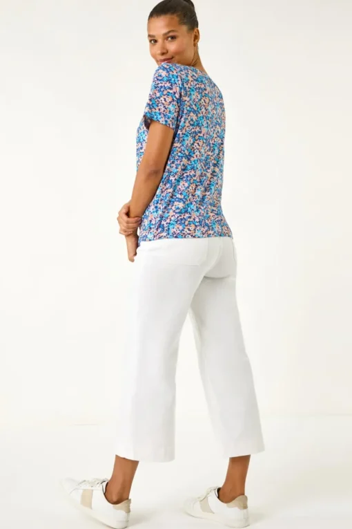 Roman Blue Floral Print Elasticated Hem Top