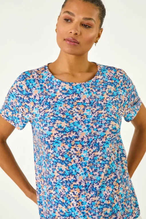 Roman Blue Floral Print Elasticated Hem Top
