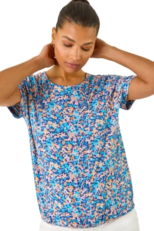 Roman Blue Floral Print Elasticated Hem Top
