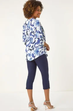 Roman Blue Floral Print Gathered Blouse