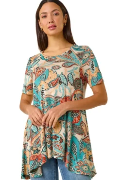 Roman Blue Floral Print Hanky Hem Tunic Top